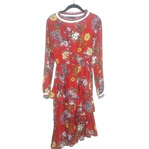 VANESSA SCOTT Red Floral Asymmetrical Hem Dress